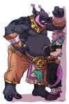 2019 2_toes 3_fingers ankle_wraps arm_tuft armband barefoot beards belly belly_tuft belt belt_buckle biceps big_belly big_hands body_hair bottomwear buckle claws clothed clothing cornrows digital_media_(artwork) duo ear_piercing ear_ring ear_tuft elbow_tuft eyebrows feet fingerless_gloves fingers flirting fur furry_body furry_tail gloves grin hair hand_on_belly handwear hasani_(rakeesh) hi_res humanoid jewelry kabedon larger_male long_eyebrows long_hair looming looming_over male male/male male_humanoid midriff mozg mozgart multicolored_hair musclegut muscular navel necklace nervous nervous_smile nipples open_mouth pale_eyes pants piercing pointy_ears ring ring_piercing sarral satyr scar shaded shoulder_tuft size_difference sleeveless_clothing smaller_male smile tail toes topless topwear troll_(mythology) tuft tusks vest wristband