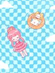  ahoge animal artist_request bare_arms bare_legs bare_shoulders barefoot blush_stickers bow bowtie brooch cat checkered_floor chinese_commentary cloak closed_eyes clothed_animal cloud commentary_request cup dot_nose dress drink drinking_glass drinking_straw ear_covers floating floating_on_back flower flower_brooch frilled_dress frills from_above hair_ornament hair_scrunchie happy highres holding holding_drink hood hood_up hooded_cloak innertube jewelry juice lying_on_water momo_(nikki) nikki_(nikki) nikki_(series) official_art orange_juice outstretched_arm pink_dress pink_flower pink_hair pool red_bow red_bowtie ripples scrunchie second-party_source shining_nikki short_dress short_hair_with_long_locks sidelocks sundress swim_ring traditional_bowtie updo whiskers white_cat x_navel yellow_cloak yellow_scrunchie 