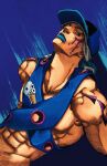  1boy abs absurdres araki_hirohiko arm_tattoo baseball_cap black_eyes blue_hair blue_hat blue_lips collarbone colorized english_commentary facepaint hat highres hood hood_down jojo_no_kimyou_na_bouken looking_at_viewer makeup male_focus muscular muscular_male paco_laburantes revealing_clothes shoulder_belt solo tattoo the_jojolands wilwal2020 