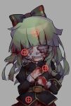  1girl bandage_on_face bandages bandaid bandaid_on_face blood blood_on_face bloody_clothes bow ciconia_no_naku_koro_ni covered_eyes green_bow green_hair grey_background hair_bow highres koshka_(ciconia) long_sleeves ningenimomusi open_mouth sleeve_cuffs solo sweat target 