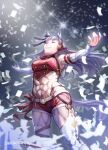  1girl abs adapted_costume animal_ears armband belt blunt_bangs boots bow bowtie breasts closed_eyes closed_mouth commentary_request confetti detached_sleeves ear_bow ear_ribbon gold_ship_(red_strife)_(umamusume) gold_ship_(umamusume) grey_hair highres horse_ears horse_girl horse_tail large_breasts long_hair midriff muscular muscular_female navel nekomata_naomi red_bow red_shirt red_shorts shirt shorts smile solo spread_legs striped_armband striped_clothes tail thighhighs umamusume white_belt white_boots white_thighhighs 