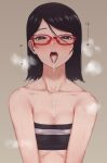  1girl bandeau bangs bare_shoulders black_eyes black_hair blush boruto:_naruto_next_generations breasts breath brown_background collarbone commentary_request cum cum_in_mouth cum_on_tongue glasses heart heart-shaped_pupils heavy_breathing highres long_hair looking_at_viewer medium_breasts miru_(wvjc7832) naruto_(series) open_mouth red-framed_eyewear saliva short_hair simple_background solo sweat symbol-shaped_pupils tongue tongue_out uchiha_sarada upper_body 