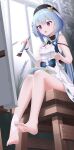  1girl :o ahoge art_brush bare_legs barefoot beret bingchuan_xian_yu_huang black_hat blue_bow blue_eyes blue_hair blurry blurry_background bow canvas_(object) chair commentary_request day depth_of_field detached_collar detached_sleeves dot_nose double-parted_bangs dress easel feet foot_dangle from_below full_body grey_sky griseo griseo_(starry_impression) hair_tubes hat hat_feather high_collar highres honkai_(series) honkai_impact_3rd legs long_hair looking_at_object low_twintails object_on_lap on_chair on_stool open_mouth paint_on_clothes paint_palette paintbrush pink_pupils short_dress short_sleeves single_bare_arm single_bare_shoulder single_detached_sleeve sitting sky sleeveless sleeveless_dress soles solo star_(symbol) star_in_eye stool strap_slip symbol_in_eye toes twintails underbust waist_bow white_dress wooden_chair wooden_stool 