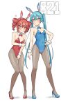  2girls absurdres anger_vein animal_ears bare_arms bare_shoulders blue_bow blue_bowtie blue_leotard blue_nails blue_shoes blush bow bowtie closed_mouth collar commentary_request covered_navel detached_collar dot_mouth dot_nose embarrassed fake_animal_ears fingernails full_body guruten3347 hairband hand_on_own_hip hatsune_miku high_heels highleg highleg_leotard highres kasane_teto knees_together_feet_apart leotard multiple_girls nail_polish oversized_breast_cup peanut_mouth playboy_bunny rabbit_ears red_bow red_bowtie red_leotard red_nails red_shoes shoes simple_background strapless strapless_leotard utau vocaloid white_background white_collar wing_collar wrist_cuffs 