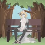  anthro armband bench black_clothing black_legwear black_stockings blonde_hair blue_eyes breasts chest_tuft clothed clothing female fur genitals grass grey_body grey_fur hair hi_res innie_vulva legwear looking_at_viewer maybelle_(clutseta49) on_bench panties panties_down partially_clothed plant purrfectionizt sitting sitting_on_bench sky smile solo stockings tail tree tuft underwear underwear_down vulva 