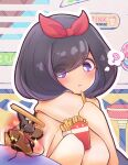  ? bar_stool bemani black_hair blue_sky blush bow bright_pupils brown_robe eating food french_fries head_ornament highres holding holding_food long_sleeves mouse_(animal) ophelia_(pop'n_music) orange_scarf patterned pop'n_music purple_eyes qwerty_pm red_bow red_ribbon ribbon robe scarf short_hair sign sky sparkle sparkling_aura spoken_question_mark stool triangle white_pupils 