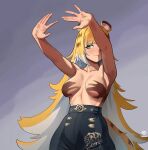 1girl :3 \||/ absurdres animal_ears arms_up black_pants blonde_hair blunt_bangs breasts closed_mouth commentary double_\||/ english_commentary green_eyes grey_background hand_shadow_covering_breasts_(meme) high-waist_pants highres ju_fufu long_hair looking_to_the_side meme multicolored_hair no_nipples one_eye_covered open_hands orange_hair outstretched_arms pants shadow shadow_censor shadow_puppet sidelocks solo spread_fingers striped_hair tail tiger_ears tiger_girl tiger_stripes tiger_tail tista_brazukka topless_female two-tone_hair very_long_hair virtual_youtuber white_hair zenless_zone_zero 