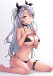  1girl azur_lane bare_arms bare_legs bare_shoulders barefoot bikini black_bikini black_choker breasts choker cleavage closed_mouth earrings hair_ribbon halterneck hands_up jewelry large_breasts long_hair looking_at_viewer multi-strapped_bikini multicolored_hair navel official_alternate_costume own_hands_together prinz_eugen_(azur_lane) prinz_eugen_(unfading_smile)_(azur_lane) red_eyes ribbon ryuinu side-tie_bikini silver_hair simple_background sitting solo steepled_fingers stomach streaked_hair string_bikini swimsuit thigh_strap thighs two_side_up wariza white_background 