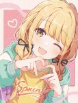  1girl absurdres blonde_hair blue_jacket braid fujita_kotone gakuen_idolmaster highres idolmaster jacket long_hair mouchi_(mouchimochi) one_eye_closed shirt solo twin_braids yellow_eyes yellow_shirt 