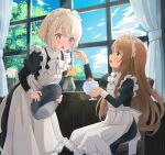  2girls @_@ apron blue_sky blush bow bowl bowtie brown_hair chair character_request cloud commentary_request curtains feeding feet_out_of_frame flower food frilled_apron frills hidarikata holding holding_bowl holding_spoon holding_tray indoors long_hair long_sleeves looking_at_another maid maid_apron maid_headdress multiple_girls on_chair open_mouth plant profile shaved_ice short_hair sideways_mouth sitting sky slice_of_life spoon standing sweat tray vase very_long_hair white_apron white_bow white_bowtie white_flower window yellow_eyes yellow_flower yukinoshita_fuyuka yume_miru_maid_no_tea_time 