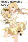  1girl ;d black_ribbon black_shoes blonde_hair blush bouquet braid character_name commentary_request dress falling_petals fang floating_hair flower fujita_kotone gakuen_idolmaster hair_ribbon happy_birthday high_heels highres hugging_object idolmaster kamille_(vcx68) long_hair one_eye_closed petals puffy_short_sleeves puffy_sleeves ribbon see-through_clothes see-through_sleeves shoes short_sleeves skin_fang smile solo standing standing_on_one_leg sunflower twin_braids white_background yellow_dress 