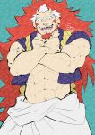  1boy abs adversarial_noise bara commentary_request crossed_arms earrings heavy_adversarial_noise highres jewelry looking_at_viewer male_focus migi_(yomi_no_tsugai) multicolored_hair muscular muscular_arms muscular_male navel open_mouth pectorals red_hair sharp_teeth shirako_(kirupi) short_hair small_horns solo teeth two-tone_hair very_short_hair white_hair yomi_no_tsugai 