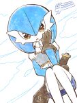  1girl armor bangs blue_hair blue_skin blue_skirt bob_cut breastplate brown_gloves buttons clothed_pokemon cloud collared_shirt colored_skin commentary_request diamond_(shape) dutch_angle gardevoir gen_3_pokemon gloves hair_between_eyes hand_on_own_cheek hand_on_own_face hand_up health_bar knees_together_feet_apart looking_at_viewer miniskirt muguet multicolored multicolored_skin open_mouth orange_eyes outdoors pencil_skirt pokemon pokemon_(creature) puffy_short_sleeves puffy_sleeves sheath sheathed shirt short_hair short_sleeves simple_background sitting skirt solo sparkle speech_bubble straight-on sword two-tone_skin weapon white_background white_shirt white_skin 