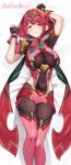  1girl arm_up ass_visible_through_thighs blush bob_cut breasts chest_jewel core_crystal_(xenoblade) earrings fingerless_gloves floating_earrings gem gloves hand_up impossible_clothes jewelry large_breasts matrix16 on_bed pantyhose pantyhose_under_shorts pyra_(xenoblade) red_eyes red_hair red_shorts red_thighhighs short_hair short_sleeves shorts solo super_smash_bros. suspender_shorts suspenders sweatdrop swept_bangs thighhighs thighhighs_over_pantyhose tiara xenoblade_chronicles_(series) xenoblade_chronicles_2 