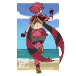  1girl ass backless_outfit beach bob_cut breasts earrings fingerless_gloves floating_earrings gloves highres impossible_clothes jayladair jewelry large_breasts pantyhose pantyhose_under_shorts pyra_(xenoblade) red_eyes red_hair red_shorts red_thighhighs short_hair short_sleeves shorts smile solo super_smash_bros. swept_bangs thighhighs thighhighs_over_pantyhose tiara xenoblade_chronicles_(series) xenoblade_chronicles_2 