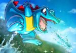  blurry cloud commentary day gen_2_pokemon kaosu_(kaosu0905) no_humans open_mouth outdoors pokemon pokemon_(creature) red_eyes sharp_teeth sky solo sparkle starter_pokemon teeth tongue totodile water water_drop 