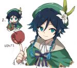  1boy apple bangs black_hair blue_eyes blue_hair bow bowtie braid cape character_name eyebrows_visible_through_hair flower food freenote_mr fruit genshin_impact gradient_hair green_headwear hat highres index_finger_raised instrument lyre male_focus multicolored_hair musical_note open_mouth side_braids simple_background smile venti_(genshin_impact) white_background white_flower 