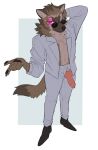  2020 abstract_background anthro blazer canid canine canis classy claws clothed clothing dress erection eyewear fluffy fluffy_tail footwear furgonomics genitals gesture hand_behind_head hi_res jacket knot male mammal navel neck_tuft one_eye_closed open_clothing open_topwear pawpads penis penis_through_fly pointing poking_out portrait prick_ears servalex shoes solo sunglasses topwear tuft wink wolf 