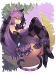  1girl animal_ear_fluff animal_ears argyle argyle_legwear bangs bare_shoulders bell black_bow black_hair blush bow breasts brown_eyes cat_ears cat_girl cat_tail cheshire_cat_(monster_girl_encyclopedia) claws commentary eyebrows_visible_through_hair full_body fur hair_between_eyes hair_bow heart highres jingle_bell large_breasts leg_hug long_hair looking_at_viewer monster_girl monster_girl_encyclopedia multicolored_hair paws purple_fur purple_hair smile solo striped_tail symbol_commentary tail thighhighs two-tone_hair very_long_hair yonaga 