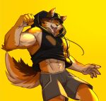 absurd_res anthro barrel_(live-a-hero) bottomwear canid canine canis clothing hat headgear headwear hi_res hoodie live-a-hero male mammal midriff muscular muscular_anthro muscular_male ruutaji shorts sleeveless_hoodie solo tongue topwear wolf 