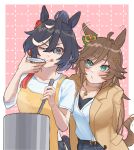  :p ahoge animal_ears apron arms_behind_back belt black_bra black_hair blue_eyes blush blush_stickers bow bra breasts brown_hair brown_jacket cleavage collarbone commentary cooking denim denim_shorts diamond_necklace ear_bow ear_ornament ear_ribbon ear_wiggle gem gold_necklace green_bow green_eyes green_gem green_ribbon hair_ornament hairclip highres holding holding_ladle horse_ears horse_girl horse_tail jacket jewelry katsuragi_ace_(umamusume) ladle leaning_in licking_lips looking_at_another mr._c.b._(casual)_(umamusume) mr._c.b._(umamusume) multicolored_hair multiple_hair_clips necklace o3o one_eye_closed parallel_hairclips patterned_background pink_background plate ribbon shirt shorts simple_background songdu soup_ladle stock_pot streaked_hair t-shirt tail tail_raised tail_wagging tassel tassel_hair_ornament tasting tasting_plate tongue tongue_out umamusume underwear white_hair white_shirt white_streaks yellow_apron yellow_jacket 