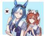  2girls admire_groove_(umamusume) animal_ears blue_hair blush bow bowtie breasts brown_hair closed_mouth commentary_request ear_covers ear_ribbon frown hairband heart horse_ears horse_girl long_hair mole mole_under_mouth multicolored_hair multiple_girls parted_lips puffy_short_sleeves puffy_sleeves purple_bow purple_bowtie purple_eyes purple_shirt red_eyes ribbon sailor_collar sailor_shirt school_uniform shirt short_hair_with_long_locks short_sleeves simple_background small_breasts songdu spoken_heart still_in_love_(umamusume) streaked_hair tearing_up tracen_school_uniform umamusume upper_body veil white_hair white_sailor_collar white_streaks white_veil x_(symbol) 