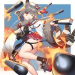  1girl ;p absurdres azur_lane bangs black_bow black_legwear bow brown_eyes closed_fan commentary_request explosion eyebrows_visible_through_hair fan folding_fan fur-trimmed_sleeves fur_collar fur_trim grey_footwear grey_hair hair_between_eyes highres holding holding_fan japanese_clothes kimono lim_jaejin long_sleeves one_eye_closed platform_footwear pleated_skirt red_skirt skindentation skirt socks solo suzutsuki_(azur_lane) thigh_strap thighs tongue tongue_out torpedo white_kimono wide_sleeves 