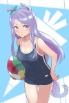  1girl animal_ears aqua_bow ball bare_shoulders beachball blue_one-piece_swimsuit blush bow breasts collarbone commentary_request ear_bow ear_ribbon highres holding holding_ball holding_beachball horse_ears horse_girl horse_tail long_hair medium_breasts mejiro_mcqueen_(umamusume) nhb_haribote one-piece_swimsuit parted_lips purple_eyes purple_hair school_swimsuit solo swimsuit tail umamusume 