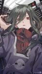  1girl building character_name commentary_request green_hair hair_between_eyes hand_in_own_hair highres hood hood_down hoodie jacket kagerou_project kido_tsubomi long_hair long_sleeves looking_at_viewer mokemoke_chan parted_lips purple_hoodie red_eyes red_jacket signature solo traffic_light upper_body zipper zipper_pull_tab 