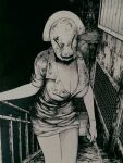 1girl breasts bubble_head_nurse check_copyright cleavage commentary_request copyright_request dress facing_viewer greyscale hat holding holding_knife itou_g-tarou knife large_breasts mask monochrome nurse nurse_cap short_dress short_sleeves silent_hill solo stairs traditional_media 