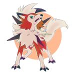  claws commentary english_commentary fangs full_body gen_7_pokemon green_eyes lycanroc lycanroc_(dusk) miyaulait no_humans open_mouth outline pokemon pokemon_(creature) solo standing 