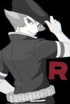  1boy belt black_background closed_mouth elbow_gloves gloves hand_on_headwear hand_on_own_hip hat highres jacket logo looking_back male_focus nakikot_t pokemon pokemon_heartgold_and_soulsilver proton_(pokemon) short_hair smile solo team_rocket 