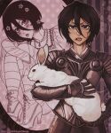  0ccultclub 2girls animal arm_behind_back armor black_hair bleach blood blood_on_face commentary cuts dress dual_persona english_commentary floral_background flower hair_between_eyes hair_flower hair_ornament high_heels highres holding holding_animal injury jewelry kuchiki_rukia lips mole mole_under_eye multiple_girls multiple_necklaces necklace partially_colored polka_dot polka_dot_background purple_eyes rabbit serious short_hair sitting striped_clothes striped_thighhighs thighhighs v-shaped_eyebrows 