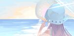  1girl atsuko_(blue_archive) atsuko_(swimsuit)_(blue_archive) bikini blue_archive blue_sky commentary facing_ahead from_behind halo hand_on_headwear hat highres horizon long_hair nail_polish ocean official_alternate_costume orange_sky pink_nails portrait purple_hair sky solo sun_hat swimsuit water white_bikini white_halo white_hat ziid_(ziid69) 