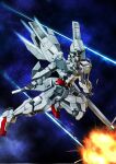  absurdres battle beam_cannon cannon commentary energy_beam exhaust explosion glowing glowing_eyes green_eyes gundam gundam_calibarn gundam_suisei_no_majo highres holding holding_cannon mecha mobile_suit nagi_(user_dwyh2252) no_humans robot science_fiction solo space thrusters v-fin zero_gravity 