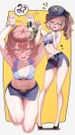  1girl ? ?? absurdres ahoge alternate_costume armpits ass_visible_through_thighs bare_shoulders belt black_belt black_choker black_shoes blue_eyes blue_shirt blue_skirt blush border breasts brown_hair choker commentary crop_top cuffed cuffs flying_sweatdrops full_body gloves hair_between_eyes hair_ornament hair_ribbon handcuffs hat heart highres holding holding_handcuffs hololive hyeonin_gentora japan_national_police kneeling laughing long_hair looking_at_viewer miniskirt multiple_views natsuiro_matsuri navel notice_lines open_mouth outside_border police police_hat police_uniform policewoman ribbon shiny_skin shirt shoes side_ponytail skirt sleeveless sleeveless_shirt small_breasts smile smug standing sweat teeth thighs tongue two-tone_background virtual_youtuber white_border white_gloves yellow_background 