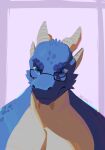  2020 anthro blue_body blue_eyes blue_scales border countershade_scales countershade_torso countershading dragon english_text eyewear glasses hi_res horn itswolven looking_at_viewer male multicolored_body multicolored_scales portrait purple_border scales signature simple_background smile solo text white_background white_body white_scales 