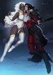  2girls absolute_dc absolute_wonder_woman absurdres amazon_warrior arm_wrap black_hair dark-skinned_female dark_skin dc_comics highres long_hair marvel monster_wolf multiple_girls storm_(x-men) superhero_costume very_dark_skin very_long_hair white_hair wonder_woman_(absolute_dc) x-men 