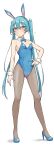  1girl absurdres animal_ear_headband animal_ears aqua_eyes aqua_hair bare_arms bare_shoulders blue_bow blue_bowtie blue_hairband blue_leotard blue_nails blue_shoes blush bow bowtie breasts closed_mouth collar commentary_request covered_navel detached_collar dot_mouth dot_nose fake_animal_ears fingernails full_body guruten3347 hairband hand_on_own_hip hatsune_miku high_heels highleg highleg_leotard highres leotard long_hair nail_polish oversized_breast_cup playboy_bunny rabbit_ears shoes simple_background small_breasts solo sparkle strapless strapless_leotard twintails very_long_hair vocaloid white_background white_collar wing_collar wrist_cuffs 