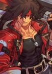  1boy belt black_shirt brown_eyes brown_hair closed_mouth collarbone fingerless_gloves gloves guilty_gear guilty_gear_strive hair_between_eyes headband holding holding_weapon hungry_clicker jacket looking_at_viewer male_focus muscular pectorals ponytail red_jacket shirt sol_badguy solo sword weapon 