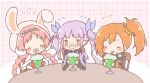  +++ 3girls :d animal_ears animal_hat blue_hairband blue_kimono blue_ribbon blush braid brown_eyes brown_sleeves capelet chair closed_eyes closed_mouth commentary_request detached_sleeves drinking_straw fake_animal_ears flying_sweatdrops foam_mustache fur-trimmed_capelet fur_trim hair_ribbon hairband hat highres japanese_clothes kimono kyoka_(princess_connect!) little_lyrical long_hair long_sleeves low_twintails mimi_(princess_connect!) misogi_(princess_connect!) mitarashi_neko mittens multiple_girls nose_blush notice_lines on_chair orange_hair pink_capelet pink_hair princess_connect! purple_hair rabbit_ears rabbit_hat red_mittens ribbon side_ponytail smile table twin_braids twintails very_long_hair wide_sleeves 