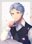  1boy argyle argyle_vest blue_hair character_name closed_mouth collared_shirt commentary_request dress_shirt forehead highres long_sleeves looking_at_viewer male_focus momoirone petals red_eyes shirt shitara_seiji smile solo sweater_vest tokimeki_memorial tokimeki_memorial_girl&#039;s_side_3rd_story upper_body white_shirt 
