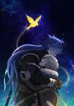  2boys aedon_(genshin_impact) black_capelet black_shirt blue_hair brown_shirt capelet closed_eyes coat flins_(genshin_impact) fur-trimmed_coat fur-trimmed_collar fur-trimmed_sleeves fur_trim galaxy genshin_impact glitter gradient_hair grey_hair happy height_difference hug illuga_(genshin_impact) kura83oniku lantern long_hair multicolored_hair multiple_boys night open_clothes open_coat parted_lips red_hair shirt short_hair sky smile star_(sky) starry_sky twitter_username two-tone_hair 