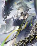  1girl animal_ears arknights bare_shoulders bilingual_commentary black_coat blue_hair blunt_bangs cat_ears cat_girl closed_mouth coat commentary dress green_dress green_eyes grey_hair holding holding_walkie-talkie jia_redian_ruzi_ruzi kal'tsit_(arknights) long_hair long_sleeves material_growth mixed-language_commentary mon3tr_(arknights) mon3tr_(summon)_(arknights) multicolored_hair off_shoulder oripathy_lesion_(arknights) standing streaked_hair walkie-talkie 