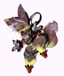  2016 4_fingers action_pose anthro breasts canid canine chest_tuft female fingers fox fur green_eyes hair hi_res koki mammal navel nipples open_mouth pose simple_background solo tan_body tan_fur thick_thighs tuft white_background white_hair 