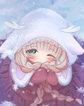  .live 1girl :3 animal_ears antlers blonde_hair blue_background blush bow braid capelet dress fake_animal_ears frilled_dress frills fur-trimmed_capelet fur_trim gloves green_eyes highres hime_cut holding_own_hair horns looking_at_viewer merry_milk one_eye_closed pink_capelet qwerty_pm red_bow red_dress red_gloves reindeer_antlers sitting smile snow snowball snowflakes twin_braids virtual_youtuber white_hood winter 