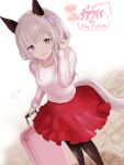  1girl animal_ears black_pantyhose blush breasts curren_chan_(umamusume) ear_covers grey_hair hair_between_eyes heart highres holding holding_suitcase horse_ears horse_girl horse_tail jewelry long_sleeves looking_at_viewer medium_breasts open_mouth pantyhose purple_eyes red_skirt ring rolling_suitcase shirt short_hair skirt smile solo suitcase sweater tail umamusume white_sweater wnaph 