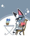  1boy animal_crossing animal_ears animal_nose bangs black-framed_eyewear black_fur blue_eyes blue_flower blue_rose body_fur book brown_eyes brown_vest cat_boy cat_ears cat_tail chair collared_shirt commentary_request crossed_legs cup drink drinking flower formal full_body furry grey_background grey_fur grey_neckwear grey_pants hands_up heterochromia holding holding_book holding_cup male_focus mug muguet necktie open_book outline pants plant potted_plant raymond_(animal_crossing) reading rose shirt short_hair short_sleeves simple_background sitting solo star_(symbol) table tail two-tone_background two-tone_fur vest white_hair white_outline white_shirt 