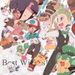  >_< 1girl 2boys =_= ^_^ arms_up ash_ketchum axew baseball_cap black_gloves black_hair black_pants black_vest blue_jacket bow bowtie brown_eyes cilan_(pokemon) closed_eyes closed_mouth commentary_request crustle dark-skinned_female dark_skin dot_nose drop_shadow emolga excadrill eyelashes fang fangs fingerless_gloves flying_sweatdrops gloves green_bow green_bowtie green_eyes green_hair grey_pants hat highres iris_(pokemon) jacket krokorok long_hair long_sleeves multiple_boys no_sclera nostrils open_mouth oshawott outline pansage pants pignite pikachu pink_shoes pink_socks pokemon pokemon_(anime) pokemon_(creature) pokemon_the_series:_black_&amp;_white purple_hair red-framed_eyewear red_hat red_shoes scraggy shirt shoes short_hair short_sleeves slit_pupils smile snivy socks stunfisk sunglasses teeth thumbs_up very_long_hair vest white_background white_outline white_shirt yukikokoro 