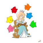  1girl bare_shoulders blonde_hair blue_dress blue_eyes blue_luma blue_nails book brooch chair closed_mouth co-star_luma commentary crown dress earrings english_commentary eyelashes full_body green_luma hair_over_one_eye highres holding holding_book jewelry long_hair long_sleeves looking_at_another luma_(mario) mario_(series) off-shoulder_dress off_shoulder on_chair open_book pumpitcharlie red_luma rocking_chair rosalina signature sitting smile solo star_(symbol) star_brooch star_earrings super_mario_galaxy white_background wooden_chair 